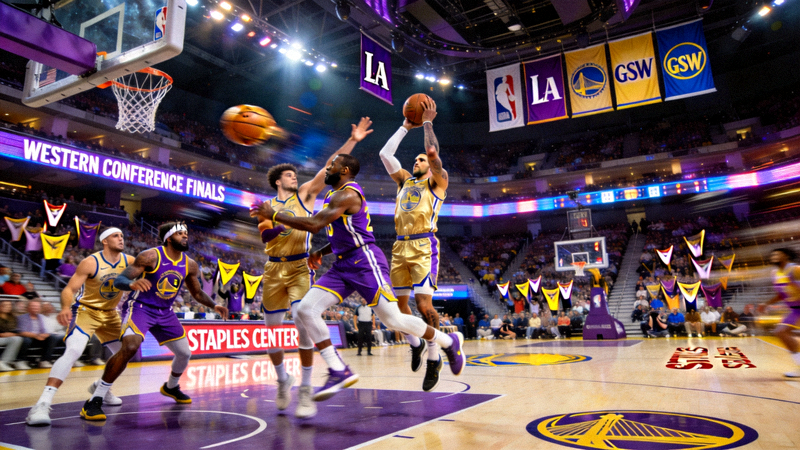 NBA季后赛西部决赛湖人队与勇士队激烈对抗的赛场画面